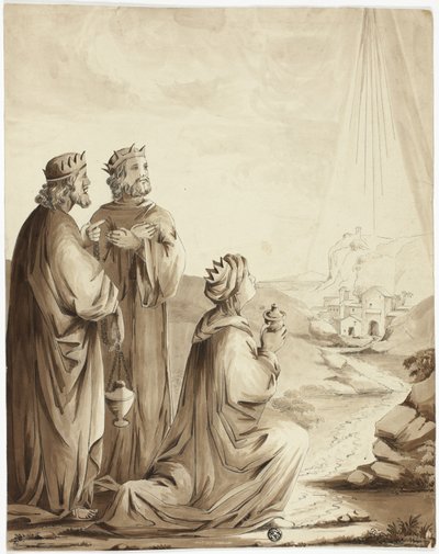 De tre vise menn peker på Betlehemsstjernen av Unknown artist