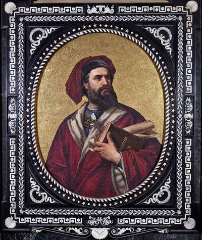 Den venetianske oppdageren Marco Polo holder verket «The Book of Wonders» under armen og gjengir sine reiser av Unknown artist