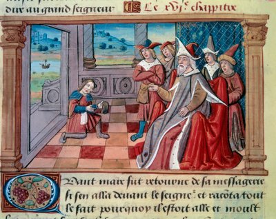 Den venetianske navigatøren Marco Polo (1254-1324) foran den store Qubilai (Kubilai Khan, første keiser av det mongolske Yuan-dynastiet (1215-1294). Miniatyr hentet fra "" The Book of Wonders""" ("" Devisement du monde&qu av Unknown artist
