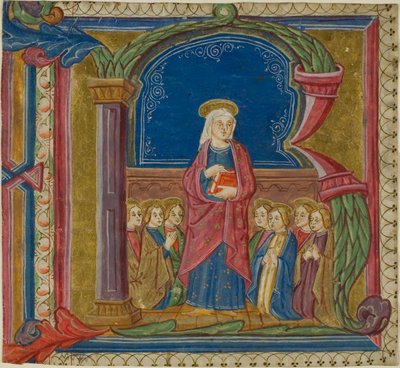 Jomfruen tilbedt av helgener i en historisert initial quot;Rquot; fra et antifonar av Unknown artist