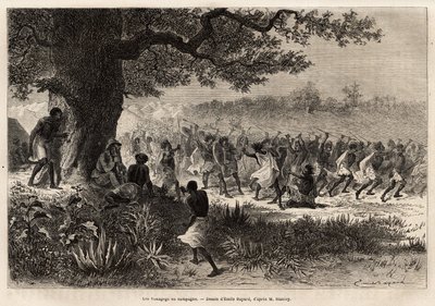 Vouagogo (stammen i Tanzania) som forberedelse til krig, under treet, forfatteren av historien Henry Morton Stanley (1841-1904). Gravering for å illustrere reisen på jakt etter Livingstone, i Sentral-Afrika, av Henry Stanley, korrespondent for "New-Y av Unknown artist