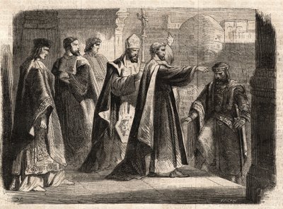 Erkebiskopen Saint Ambrosius av Milano (Aurelius Ambrosius, Ambrogio di Milano (340-397) forbød inngangen til kirken til den romerske keiseren Theodosius I (Flavius Theodosius) (347-395) for å straffe ham for massakren i Thessalonica i 390 - Excommunicati av Unknown artist