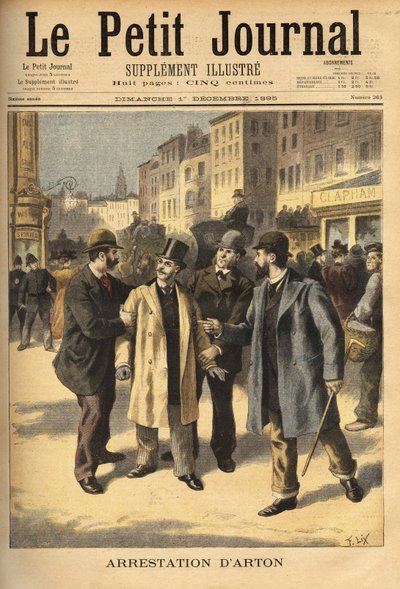 Arrestasjonen av Emile Arton (1859-1905), en korrupt megler i Panama-skandalesaken, som har vært på flukt i flere år. Gravering i “” Le petit journal”” 1/12/1895. Selvas samling. av Unknown artist