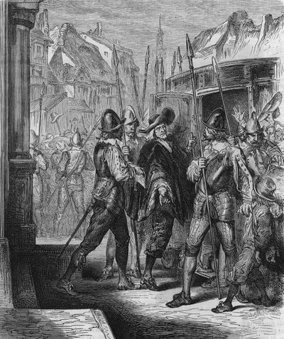 Arrestasjonen av Pierre Brousel (1575 - 1654) i 1648, under ordre fra Anne av Østerrike, som provoserte lettelse for folket (barrikadenes dager) og Fronde. Gravering fra 1866. av Unknown artist