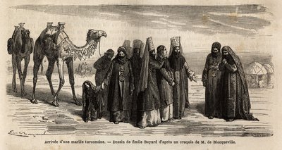 Ankomsten av en tyrkisk (Turkmenistan) kone i ektemannens familie; døtre gifter seg ikke før de er 17 år, velges av mannen som forhandler medgiften (som han gir til sin fremtidige kones familie) og vilkårene for ekteskap. Gravering av Unknown artist