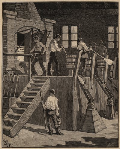 Glasskunsten: glassarbeidere som produserer glass etter den franske metoden. Gravering fra 1885 i "" Les arts et metiers illustres"" av Adolphe BITARD. av Unknown artist