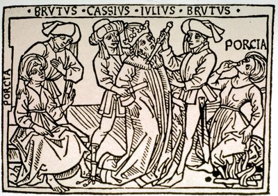 Attentatet på Jules Cesar (100-44 f.Kr.): han blir knivstukket av Brutus og Cassius mens Porcie, Brutus' kone forsvinner. Xylografi av Roma fra 1500-tallet, Biblioteca Vallicelliana ©Luisa Ricciarini/Leemage av Unknown artist