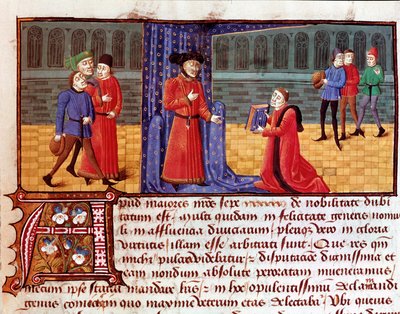 Forfatteren presenterer sitt verk Side hentet fra "" Sophilogium"" (Archiloge Sophie. Book of Good Practice) av Jacques Legrand (Legrant) (1365-1415) 15. eller 16. århundre Torre do Tombo, Lisboa av Unknown artist