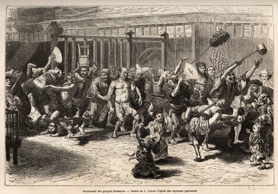 Bryggernes bacchanal, på nyttårsaften, etter å ha mottatt lønn og festoye, går de inn i en gledelig og støyende prosesjon i Edo (dagens Tokyo), utstyrt med en enorm sakevask og en lang støvsuger for å skyve taket , prinsen av d av Unknown artist