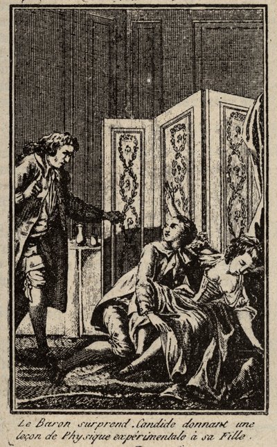 The baron surprises Candide giving a lesson in experimental physics to his daughter Frontispice for “” Candide”” by Francois Marie Arouet dit Voltaire. av Unknown artist