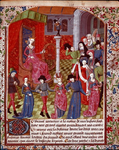 Den blinde formuen som snur hjulet, menneskene foran den er allegorien om skjebne, lykke og miniatyrmalheur hentet fra "The Tresor of Sapience" (eller "The Treat of the Garden in Love") av Jean Gerson (1363-1429) (ms. 1513, fol. 179 r.) 1400-tallet av Unknown artist