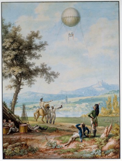 Blokaden av Mainz: høyborgen er omringet av hæren til den første koalisjonen 14.04.1793. En ballong over byen i en beleiringstilstand brukt til militære formål. 1700-tallstrykk. Paris. Luftmuseum av Unknown artist