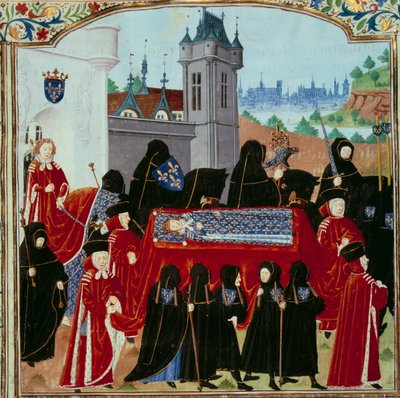 Liket av avdøde kong Charles VI (1368-1422) blir båret bort, bak prosesjonen den nye kong Charles VII (1403-1461) miniatyren 22/10/1422 fra manuskriptet "" Chronicles of Charles VII"" (Ms. . fr. 2691) av Jean Chartier av Unknown artist