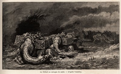 Kamelkaravanen fanget i en sandorkan kaller tebbad. Tegning av Emile Bayard (1837-1891), for å illustrere reisen til Sentral-Asia, i 1863, av Arminius Vambery (ungarsk vitenskapsmann forkledning i dervisj). Gravering i "" Le tour du monde"", redigert av av Unknown artist