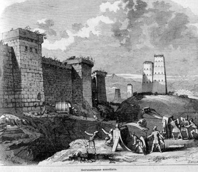 Erobringen av Jerusalem av Titus og hans hær rundt 80 e.Kr. 1800-talls gravering. av Unknown artist