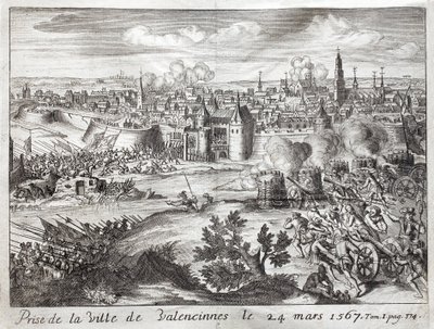 Byen Valenciennes (Frankrike) ble tatt den 24. mars 1567. Første slaget i opprøret til Gueux (begynnelsen av krigen av åtti år (åtti år eller 80 år) (opprør fra Nederland) (1568-1648). Gravering for å illustrere «History of the War of F av Unknown artist