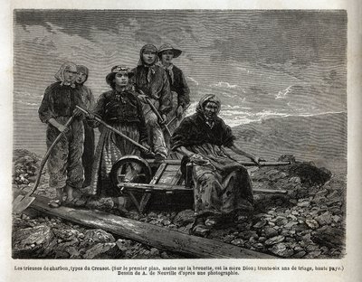 Kull sorterere, type Creusot; i forgrunnen, sittende på trillebåren, den eldste av sortererne, moren Dion, 36 år med sortering. Gravering for å illustrere en reise til Creusot og gruvene i Saone og Loire, i 1865, av L. Simonin, i av Unknown artist