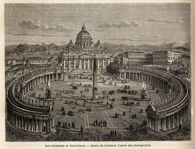 Søylene til St. Peter i Vatikanet, brakt av Bernini (1598-1680) i 1655, på et elliptisk plan, som ble et vanlig sted for barokk- og rokokkoarkitektur. Gravering for å illustrere reisen til Roma, av Francis Wey, i 1864-1868, publiserer av Unknown artist