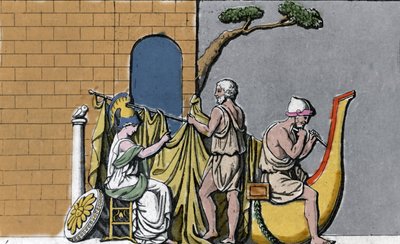 Byggingen av skipet Argo, assistert av Minerva, med det hellige treverket til eikene i Dodone. av Unknown artist