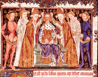 Kroningen av en konge Sannsynligvis kong Richard II av England (1367-1400). Miniatyr fra manuskriptet om kroningsritualer "" Liber regalis"" Pamplona fra 1300-tallet, Navarra-arkivet av Unknown artist