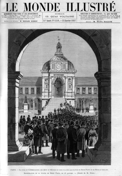 Retten til konservatoriet des arts et metiers hvor statuene av Denis Papin (1647-1714), fysiker, matematiker og oppfinner og Nicolas Leblanc (1742-1806), fransk kjemiker. Innvielse av statuen av Denis Papin 16. januar av Unknown artist