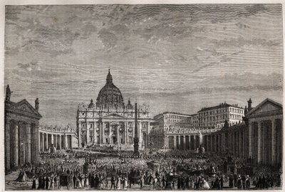 Folkemengden skyndte seg til Petersplassen i Vatikanet for å motta påskens store velsignelse av pave Pius IX (1792-1878). Gravering for å illustrere historien om den hellige uke i Roma, i 1863, av Ludovic Celler, i «Le tour du monde, nouveau journal des vo av Unknown artist