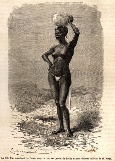 Datteren til en marabout fra Oualet (Mauritania), iført en jatte på hodet for å lage svart såpe. Gravering for å illustrere reisen til Vest-Sudan til løytnant (Marine) M.Mage, i 1863-1866, publisert i "Le tour du monde, nouveau journal des voyages" av Unknown artist