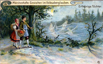 Døtrene til alvenes konge. Fantastisk karakter av tysk mytologi. kromolitografi fra 1800-tallet. av Unknown artist