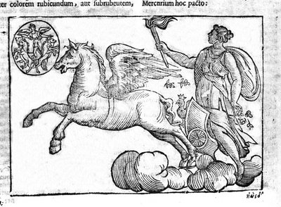 Daggry (solens vogn). Allegori om soloppgangen med karakterene fra gresk og romersk mytologi på himmelen. Gravering fra "Mythology and Explanations of Fables" av Natalis Comitis. 1637. av Unknown artist