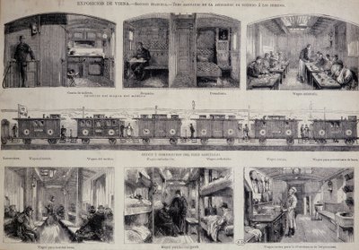 De forskjellige avdelingene i et sanitærtog - gravering av Unknown artist