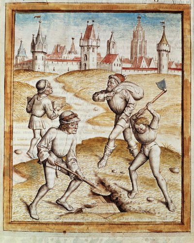 Oppdagelsen av en skattmester i forstedene til en befestet by Miniatyr hentet fra en tysk oversettelse av fablene om "Kalila (Calila) og Dimna" av Bidpai. (ms. 1389, fol. 1) rundt 1480 Chantilly, museum Conde av Unknown artist