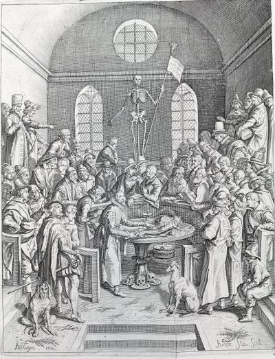 Disseksjonsgruppen av leger og forskere ble gjenforent for å følge en disseksjon i et amfiteater. Gravering fra 1788 av Unknown artist