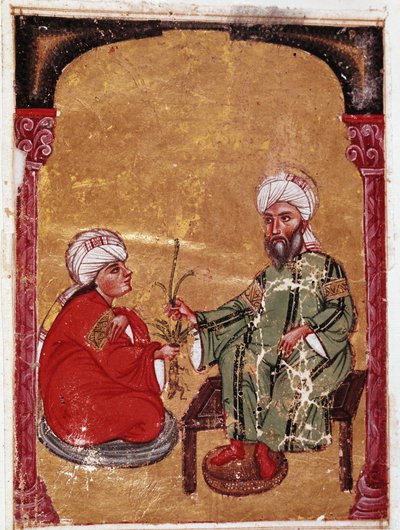 Legen og botanikeren Pedanius Dioscoride (Pedanius Dioscorides) (40-90 e.Kr.) sitter med en av studentene sine Miniatyr fra hans avhandling "De materia medica"" (ms Ahmed III, 2147, folio 217a) 1229 Topkapi Sarayi Museum Library, Istanbul av Unknown artist