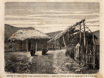 Boligen og verftet til en engelsk byggmester i nærheten av Noumea, som bruker urfolksarbeid eller fordømmer dem til slutten av deres tid med hardt arbeid. Engravure pour illustrrer le voyage à la Nouvelle Caledonie, av Jules Garnier, sivilingeniør i gruver av Unknown artist