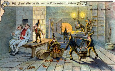 Alvene, fantastiske karakterer av den populære tradisjonen: de lager brød mens bakerne sover. kromolitografi fra 1800-tallet. av Unknown artist