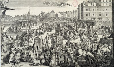 Forlegenheten til Pont Neuf i Paris. Illustrasjon av trafikk og trafikkork i gatene i Paris på 1700-tallet. Gravering fra 1710. Paris, Musee Carnavalet av Unknown artist