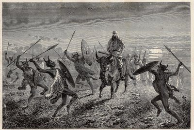 Eskorten som er tildelt den reisende Baker, utfører en fantasi før avreise til Lake Albert (eller Albert Nyanza). Gravering for illustrasjon av turen til Lake Albert, i 1861-1864, av Sir Samuel White Baker, i "Le tour du monde, nouveau journal des voyages av Unknown artist