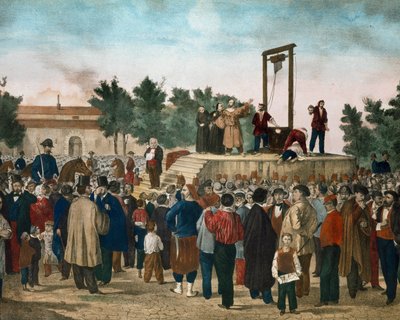 Henrettelsen 13.03.1858 av Felice Orsini (1819 - 1858) og Pieri som utførte angrepet 14. januar 1858 mot Napoleon III på Place de la Roquette i Paris Litografi fra slutten av 1800-tallet. Milanos private samling av Unknown artist
