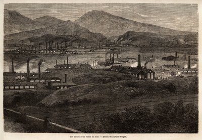 Fabrikkene i Taff Valley. Tegning av Durand Brager, for å illustrere et besøk til de store fabrikkene i Wales i 1862, av L.Simonin. Gravering i "" Le tour du monde"", redigert av Edouard Charton av Unknown artist