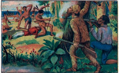 Kampen med villmennene. Illustrasjon for boken til Daniel Defoe (Defoe) "" Robinson Crusoe "". Kromolitografi fra slutten av 1800-tallet. av Unknown artist