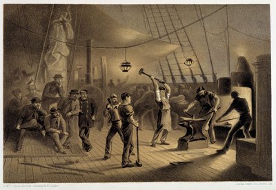 Smia på dekk. Natt til 9. august forbereder ifon-belegget for capstan - i "The Atlantic telegraph" av W. H. Russel, ca. 1860 av Unknown artist
