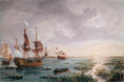 Den franske oppdageren Rene Robert Cavelier, Sieur de LaSalle oppdager Louisiana, i 1684 (gravering av Unknown artist