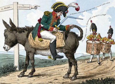 Reisen til en moderne helt, til øya Elba. Reisen til en moderne helt til øya Elba. Denne tegneserien viser Napoleon Bonaparte sittende på et esel på veien fra Fontainebleau til Elba-øya; han holder en sverdkasse i den ene hånden og av Unknown artist
