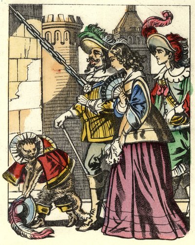 The king, the princess and the Marquis of Carabas arrive at the castle of the ogre precedes the Cat boot. Illustration of the tale “The cat botte” by Charles Perrault av Unknown artist