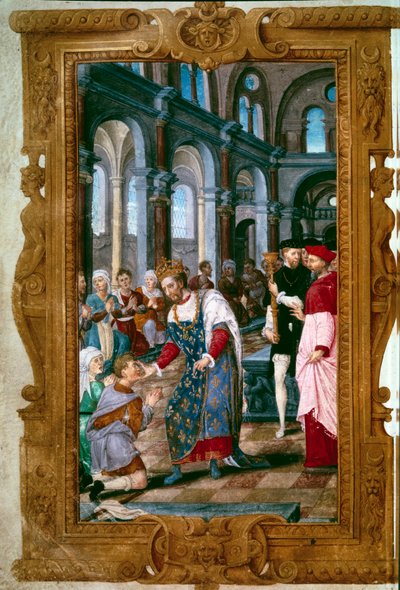 Kongen berører, Gud hører deg Kong Henrik II (1519-1559), thaumaturge, krigere en syk av ecrouelles i klosteret Saint Marcoul, like etter seremonien for kroningen av Reims. Nær ham buen til Reims. Miniatyr fra "The Hours of Henry II"" 154 av Unknown artist