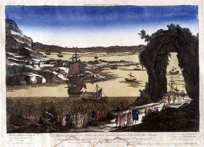 Franskmennenes landing for etableringen av den nye kolonien i havnen Nouvelle Cayenne (eller France Equinoxiale) av Unknown artist
