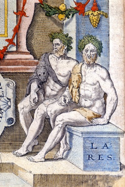 Lares gudene: de beskytter huset og dets innbyggere (de er åndene til forfedrene). Gravering fra 1500-tallet av Unknown artist