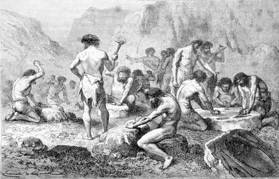 Produksjon og polering av flint av forhistoriske menn i Pressigny. av Unknown artist