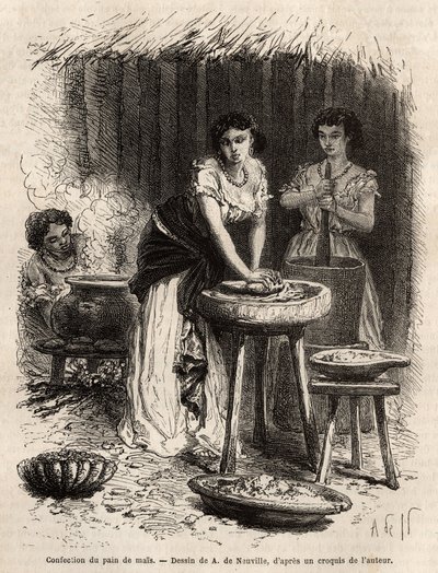 Produksjon av maisbrød, grunnlaget for mat, av kvinner i Great Cauca Valley (Colombia). Gravering for å illustrere reisen til New Granada, av Dr. Saffray, i 1869, publisert i "" Le tour du monde""" 1873, redigert av Edouard Charton, utgave Hachet av Unknown artist
