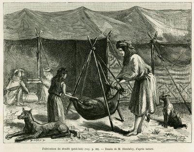 Produksjon av melk av kvinnene til gjetere i Karoun-regionen. Gravering for å illustrere historien La Perse, la Chaldee et la Susiane av Jane Delafoy (1851-1916), akademioffiser, i le tour du monde 1886, regissert av Edouard Charton (1807-1890), Ha av Unknown artist